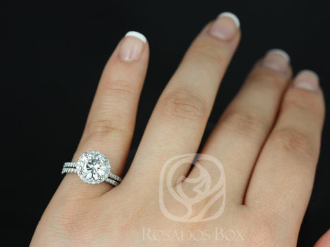 14kt White Gold Kubian 8mm 2ct Round Moissanite Diamonds Dainty Micro Pave Halo Bridal Set - Rosados Box