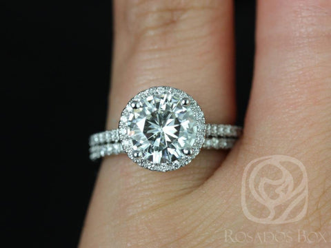 14kt White Gold Kubian 8mm 2ct Round Moissanite Diamonds Dainty Micro Pave Halo Bridal Set - Rosados Box