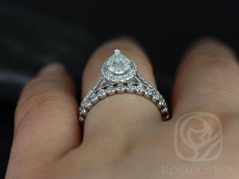 1ct Tabitha 8x5mm & Petite Bubbles 14kt White Gold Forever One Moissanite Diamonds Dainty Pave Pear Halo Bridal Set - Rosados Box
