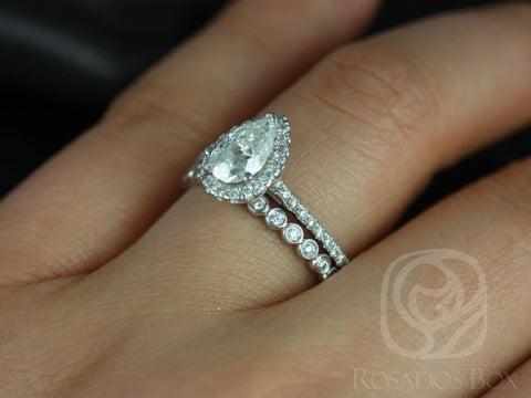 1ct Tabitha 8x5mm & Petite Bubbles 14kt White Gold Forever One Moissanite Diamonds Dainty Pave Pear Halo Bridal Set - Rosados Box