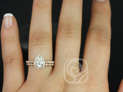 0.75cts Tabitha 7x5mm & Gwen 14kt Gold Moissanite Diamond Pear Halo Bridal Set - Rosados Box