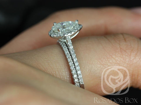 1ct Tabitha 8x5mm 14kt White Gold Forever One Moissanite Diamonds Dainty Pave Pear Halo Bridal Set - Rosados Box