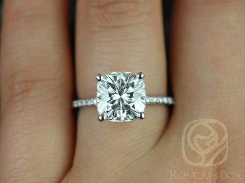 3.30ct Heidi 9mm 14kt White Gold Moissanite Diamond Basket Cushion Solitaire Ring - Rosados Box