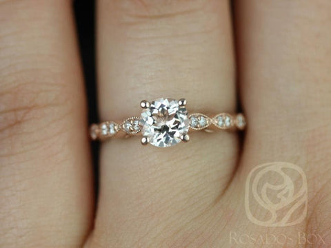 Ready to Ship Helena 6mm 14kt Rose Gold Morganite Diamond Unique Scalloped Art Deco Pave Round Solitaire Engagement Ring