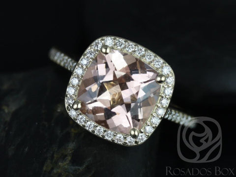 Ready to Ship Hollie 9mm 14kt WHITE Gold Cushion Morganite and Diamonds Halo Engagement Ring - Rosados Box