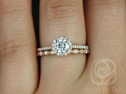 0.50ct Kubian 5mm & Gwen 14kt Moissanite Diamond Dainty Halo Bridal Set - Rosados Box