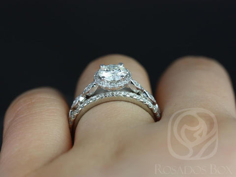 0.75ct Samantha 6mm & Callie 14kt Gold Moissanite Diamond Round Halo W/O Milgrain Bridal Set - Rosados Box