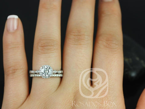 0.75ct Samantha 6mm & Callie 14kt Gold Moissanite Diamond Round Halo W/O Milgrain Bridal Set - Rosados Box