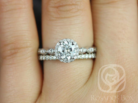 0.75ct Samantha 6mm & Callie 14kt Gold Moissanite Diamond Round Halo W/O Milgrain Bridal Set - Rosados Box