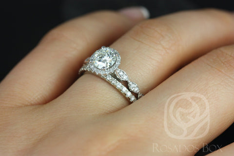 0.75ct Samantha 6mm & Callie 14kt Gold Moissanite Diamond Round Halo W/O Milgrain Bridal Set - Rosados Box