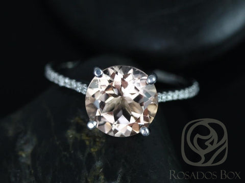 Ready to Ship Eloise 10mm 14kt White Gold Morganite Diamonds Round Solitaire Accent Ring - Rosados Box