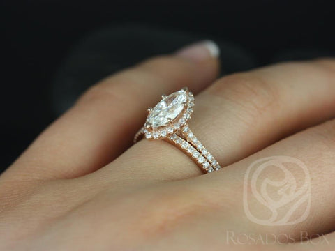 1ct Sasha 10x5mm 14kt Moissanite Diamonds Marquise Halo Bridal Set,Marquise Halo Ring,Marquise Engagement Ring Set,Anniversary Gift