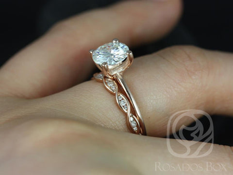 2ct Skinny Alberta 8mm & Ember 14kt Rose Gold Moissanite Diamond Dainty Round Solitaire Bridal Set - Rosados Box