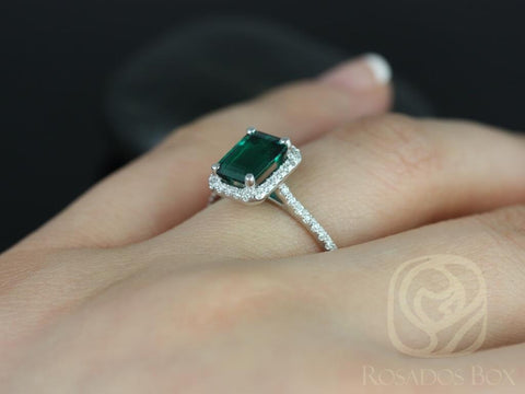 Ready to Ship Esmeralda 8x6mm 14kt White Gold Green Emerald Birthstone Diamond Dainty Pave Halo Engagement Ring