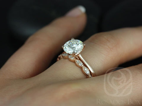 2ct Skinny Flora 8mm & Christie 14kt Gold Moissanite Diamonds Art Deco Round Solitaire Bridal Set - Rosados Box