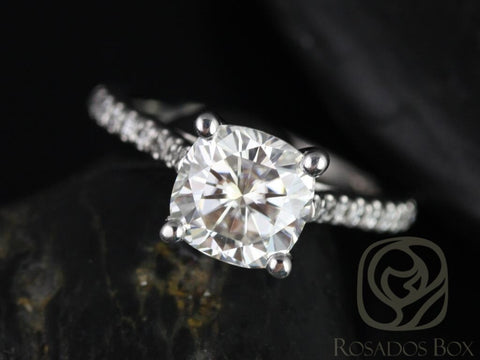 Ready to Ship Jenelle 7.5mm 14kt White Gold Cushion Forever One Moissanite Diamonds Cathedral Engagement Ring