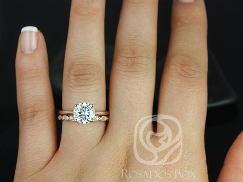 2ct Skinny Flora 8mm & Christie 14kt Gold Moissanite Diamonds Art Deco Round Solitaire Bridal Set - Rosados Box