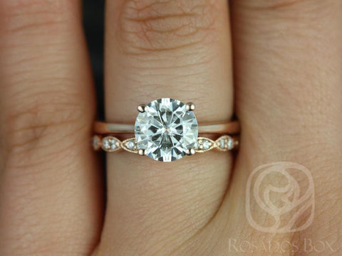 2ct Skinny Flora 8mm & Christie 14kt Gold Moissanite Diamonds Art Deco Round Solitaire Bridal Set - Rosados Box