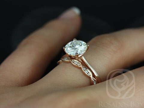 2ct Skinny Flora 8mm & Ember 14kt Rose Gold Moissanite Diamonds Twist Round Solitaire Bridal Set