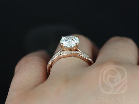 2ct Skinny Flora 8mm & Twyla 14kt Rose Gold Forever One Moissanite Diamonds Twist Pave Round Solitaire Bridal Set