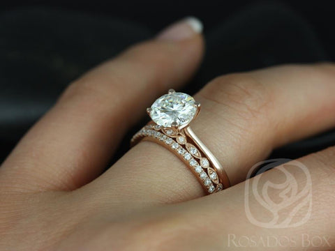 2ct Skinny Flora 8mm-Gwen-Swt Kubian 14kt Rose Gold Moissanite Diamonds Round Solitaire TRIO Bridal Set