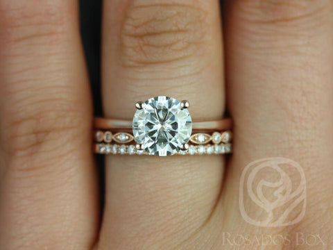 2ct Skinny Flora 8mm-Gwen-Swt Kubian 14kt Rose Gold Moissanite Diamonds Round Solitaire TRIO Bridal Set