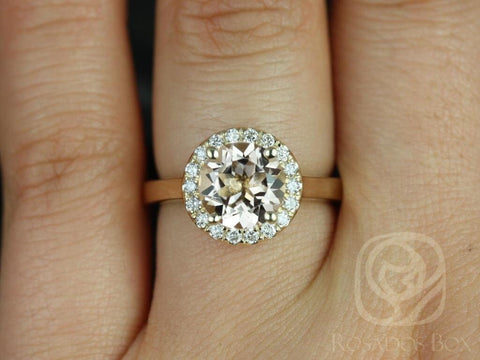 Rosados Box Ready to Ship Feema 8mm 14kt Yellow Gold Round Morganite and Diamonds Halo Engagement Ring - Rosados Box