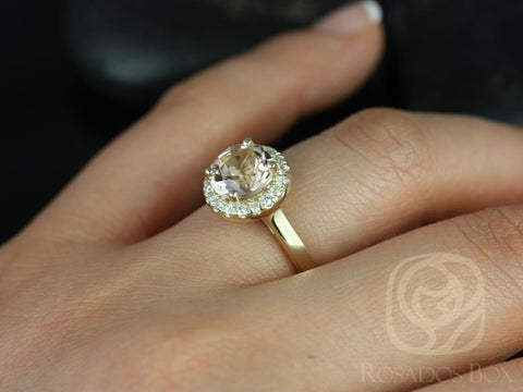 Rosados Box Ready to Ship Feema 8mm 14kt Yellow Gold Round Morganite and Diamonds Halo Engagement Ring - Rosados Box