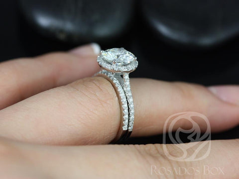14kt White Gold Kubian 8mm 2ct Round Moissanite Diamonds Dainty Micro Pave Halo Bridal Set - Rosados Box