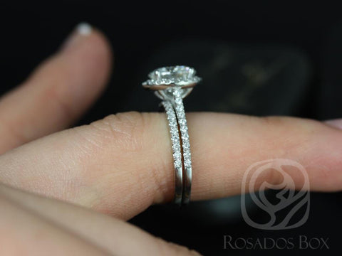 14kt White Gold Kubian 8mm 2ct Round Moissanite Diamonds Dainty Micro Pave Halo Bridal Set - Rosados Box