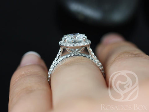 14kt White Gold Kubian 8mm 2ct Round Moissanite Diamonds Dainty Micro Pave Halo Bridal Set - Rosados Box