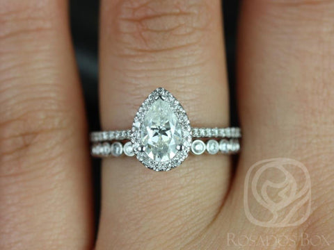 1ct Tabitha 8x5mm & Petite Bubbles 14kt White Gold Forever One Moissanite Diamonds Dainty Pave Pear Halo Bridal Set - Rosados Box