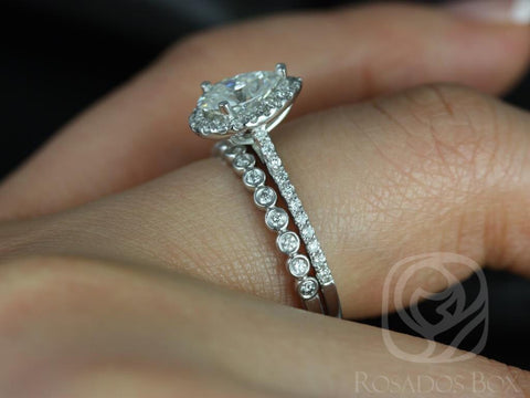 SALE 1ct Ready To Ship Tabitha 8x5mm & Petite Bubbles 14kt White Gold FB Moissanite Diamonds Pave Pear Halo Wedding Set Rings,Rosados Box