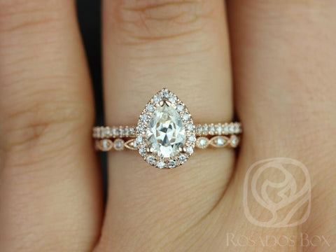 0.75cts Tabitha 7x5mm & Gwen 14kt Gold Moissanite Diamond Pear Halo Bridal Set - Rosados Box