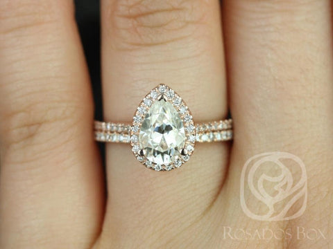 1.50cts Tabitha 9x6mm 14kt Rose Gold Forever One Moissanite Diamonds Dainty Micro Pave Pear Halo Classic Wedding Set Rings,Rosados Box - Rosados Box