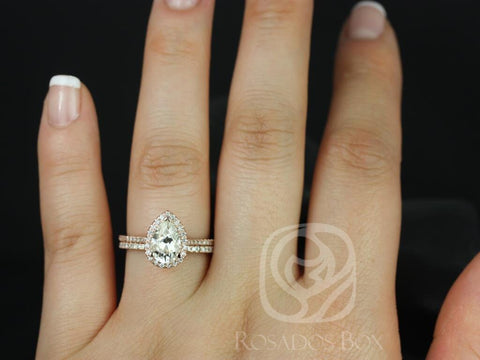 1.50cts Tabitha 9x6mm 14kt Rose Gold Forever One Moissanite Diamonds Dainty Micro Pave Pear Halo Classic Wedding Set Rings,Rosados Box - Rosados Box