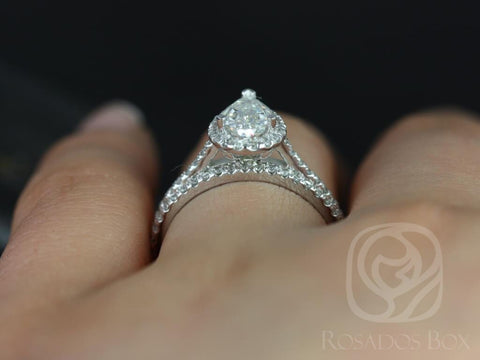 1ct Tabitha 8x5mm 14kt White Gold Forever One Moissanite Diamonds Dainty Pave Pear Halo Bridal Set - Rosados Box