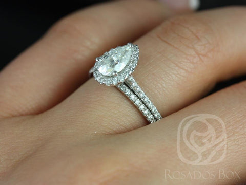 1ct Tabitha 8x5mm 14kt White Gold Forever One Moissanite Diamonds Dainty Pave Pear Halo Bridal Set - Rosados Box