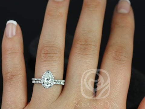1ct Tabitha 8x5mm 14kt White Gold Forever One Moissanite Diamonds Dainty Pave Pear Halo Bridal Set - Rosados Box