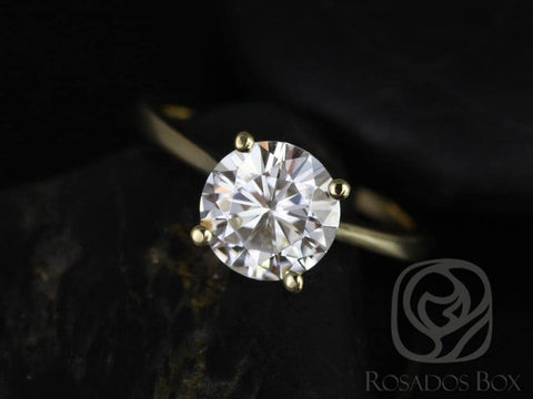 Ready to Ship 2ct Skinny Flora 8mm 14kt Yellow Gold Moissanite Minimalist Tapered Cathedral Round Solitaire Ring