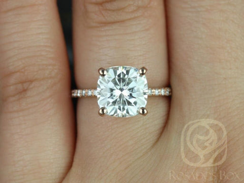 3.30ct Heidi 9mm 14kt Rose Gold Moissanite Diamond Dainty Pave Art Deco Engagement Ring - Rosados Box