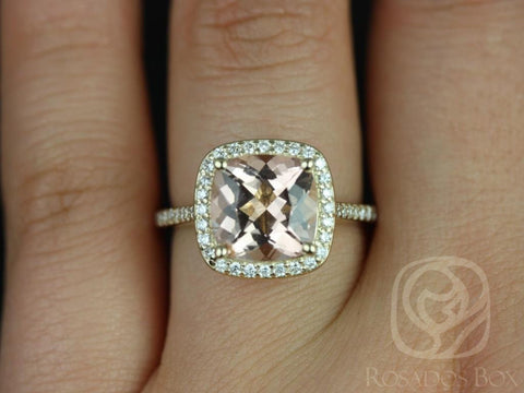 Ready to Ship Hollie 9mm 14kt WHITE Gold Cushion Morganite and Diamonds Halo Engagement Ring - Rosados Box