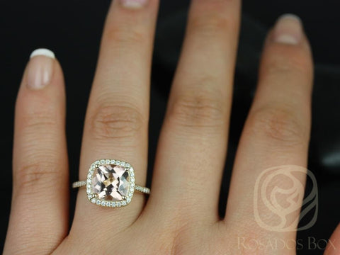 Ready to Ship Hollie 9mm 14kt WHITE Gold Cushion Morganite and Diamonds Halo Engagement Ring - Rosados Box