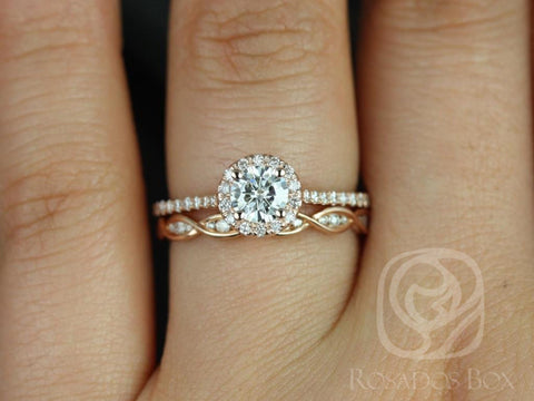 0.50ct Kubian 5mm & Ember 14kt Moissanite Diamonds Halo Bridal Set - Rosados Box