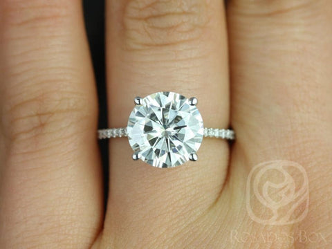 SALE Rosados Box Ready to Ship Eloise 10mm 14kt ROSE Gold Round FB Moissanite Diamonds Thin Cathedral Solitaire Accent Engagement Ring - Rosados Box