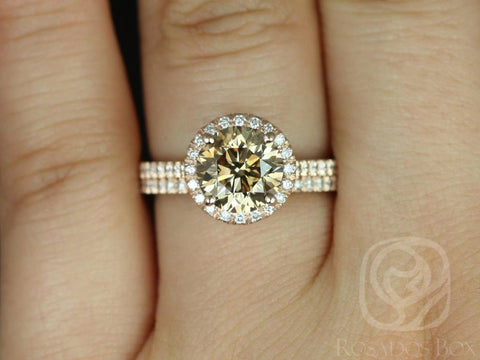 2.03ct Ready to Ship Kubian 14kt Rose Gold Cognac Champagne Diamond Round Halo Bridal Set - Rosados Box