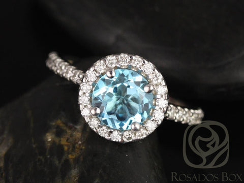 Ready to Ship Jolie 7mm 18kt White Gold Sky Blue Topaz Diamond Round Halo Ring - Rosados Box