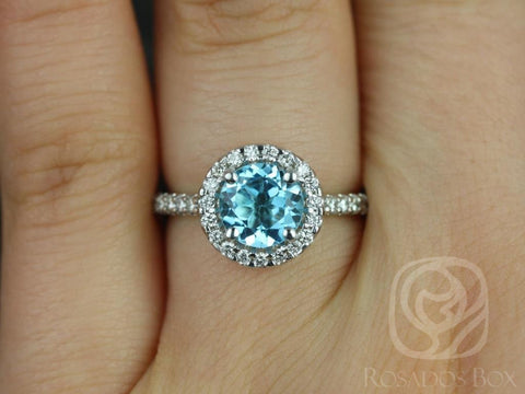 Ready to Ship Jolie 7mm 18kt White Gold Sky Blue Topaz Diamond Round Halo Ring - Rosados Box