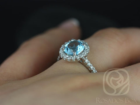 Ready to Ship Jolie 7mm 18kt White Gold Sky Blue Topaz Diamond Round Halo Ring - Rosados Box