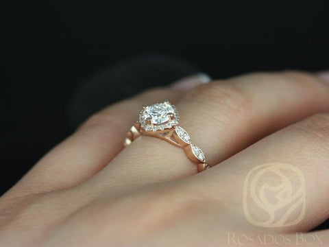 0.75cts Katya 6mm 14kt Gold Moissanite Diamond WITHOUT Milgrain Halo Engagement Ring - Rosados Box